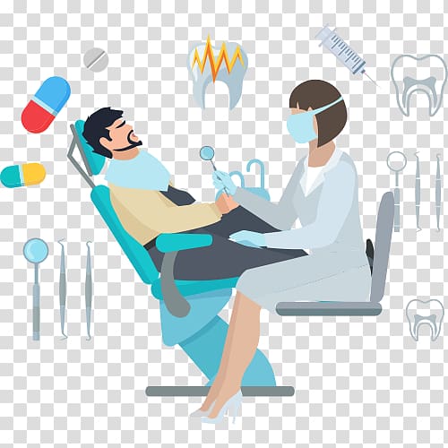 man sitting on dentist chair , Health Care Tooth Therapy, Cartoon for treating toothache transparent background PNG clipart