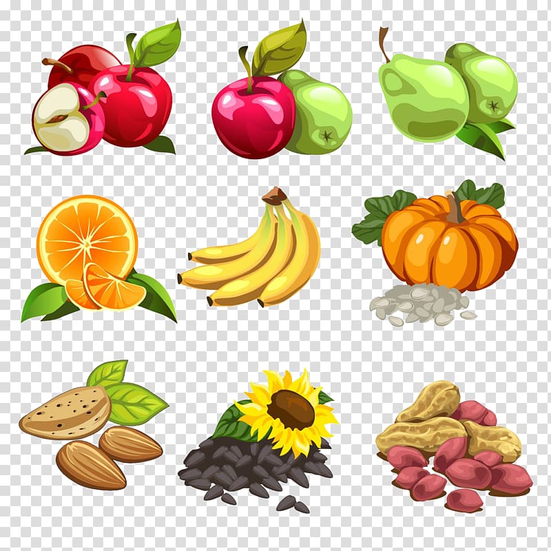Nut Cartoon Fruit Illustration, Banana apple pear orange pumpkin sunflower seeds raw transparent background PNG clipart