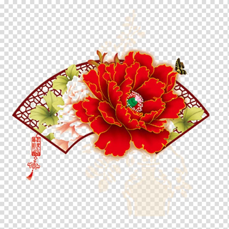 Greeting card Lunar New Year Chinese New Year, Red peony flowers transparent background PNG clipart