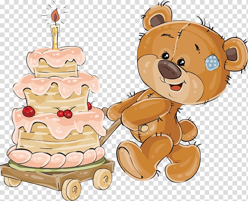 bear carrying cake illustration, Teddy bear , The little bear pushing the cake transparent background PNG clipart