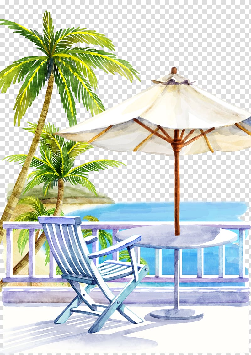 table and chair on terrace with sea view painting, Fukei Cartoon Illustration, Beach Holiday transparent background PNG clipart