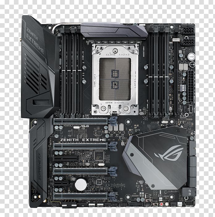 ASUS ROG ZENITH EXTREME, motherboard, extended ATX, Socket TR4, AMD X399, Socket TR4 Mainboard Asus ROG Zenith Extreme PC base AMD TR4 Form factor E CPU socket DDR4 SDRAM, others transparent background PNG clipart