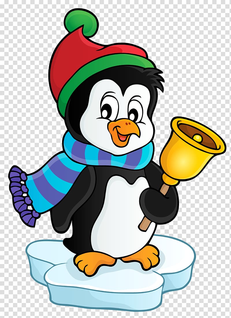 penguin wearing scarf while holding bell illustration, Penguin Cupcake Santa Claus Muffin , Penguin with Bell transparent background PNG clipart