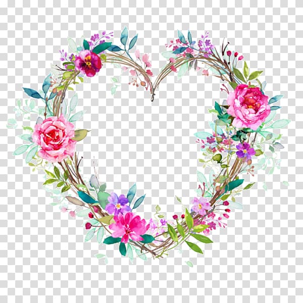Flower Wreath Heart Painting, Hand-painted peony flower-shaped decorative frame suspicious, pink and green floral transparent background PNG clipart