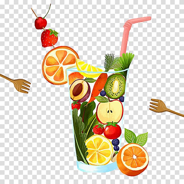 Juice Fruit Cocktail garnish Orange, Cartoon fruit juice fork transparent background PNG clipart