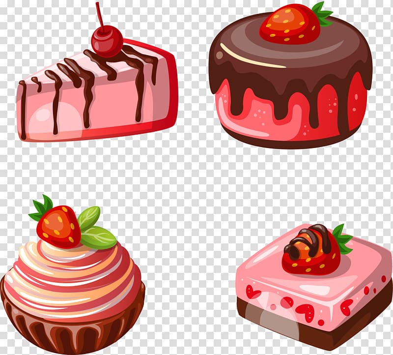 four assorted desserts illustration, Petit four Waffle Strawberry cake, hand-painted strawberry cake transparent background PNG clipart