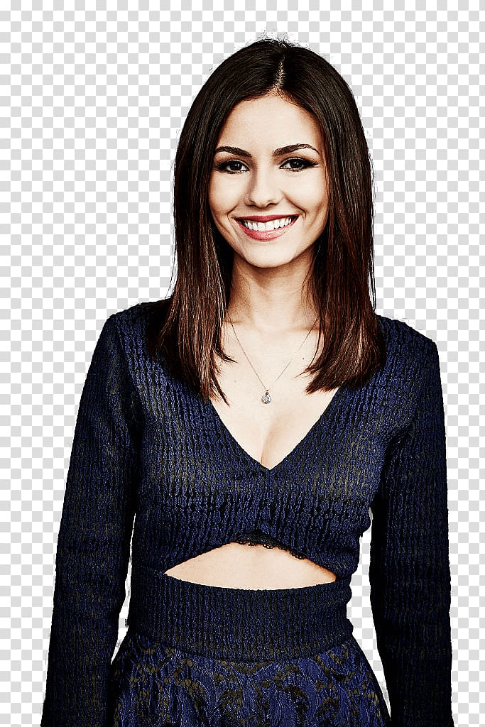 woman looking at camera while smiling, Victoria Justice Blue transparent background PNG clipart
