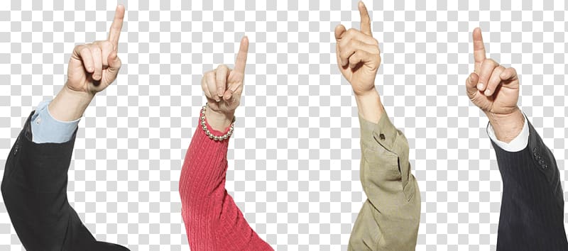 four different people raising their hands, Fingers Pointing Up transparent background PNG clipart