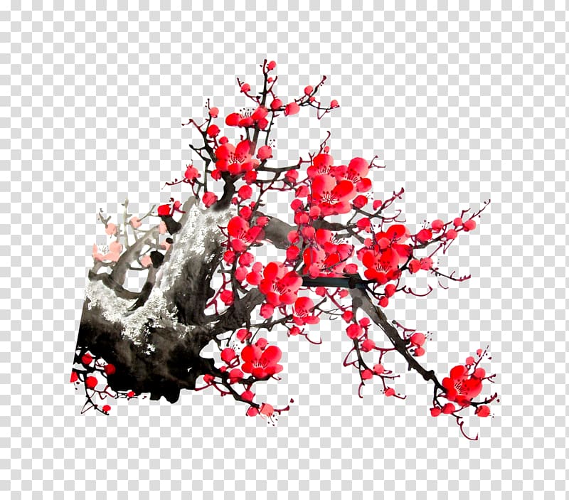 Plum blossom Ink wash painting Chinese painting, Plum flower transparent background PNG clipart