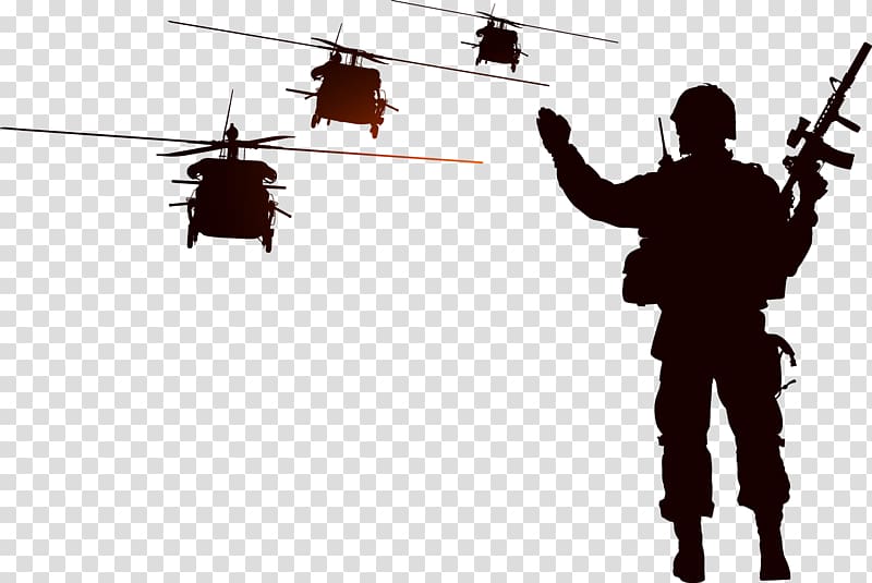 soldier and choppers silhouette illustration, Soldier Silhouette Helicopter Illustration, Military aircraft war transparent background PNG clipart