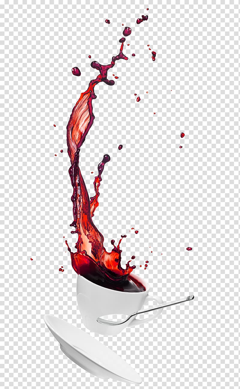 white ceramic teacup with red liquid, Coffee Milk Cafe Drink, Spilled coffee beverage advertising transparent background PNG clipart