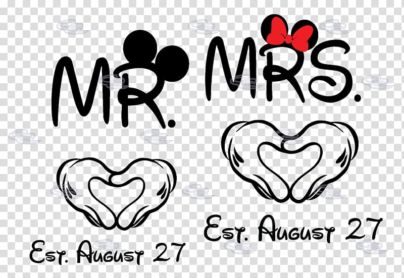 Mr. Mrs. text, Minnie Mouse Mickey Mouse T-shirt The Walt Disney Company Mrs., heart-shaped bride and groom wedding shoots transparent background PNG clipart