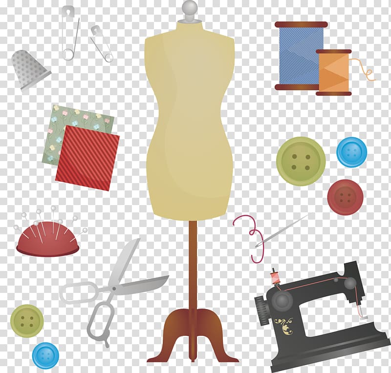 multicolored dress form and sewing machine illustration, Sartoria Clothing Tailor Sewing machine, hand-painted clothing scissors sewing buttons transparent background PNG clipart