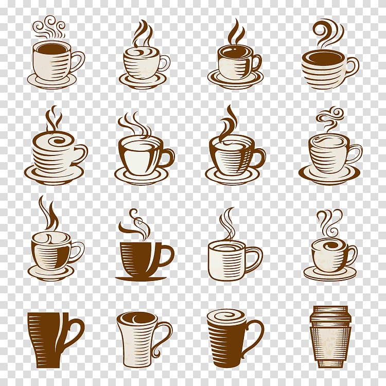 white and brown cups illustration, Coffee Cappuccino Tea Latte Espresso, Hand-painted Coffee Collection transparent background PNG clipart