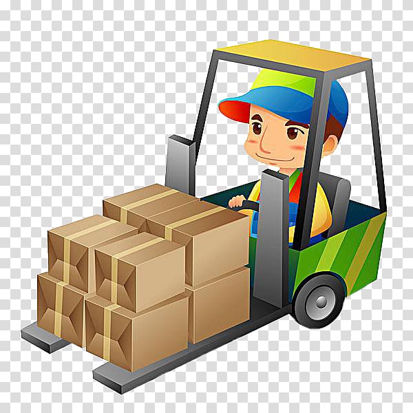 Cartoon Forklift Illustration, Man driving transparent background PNG clipart