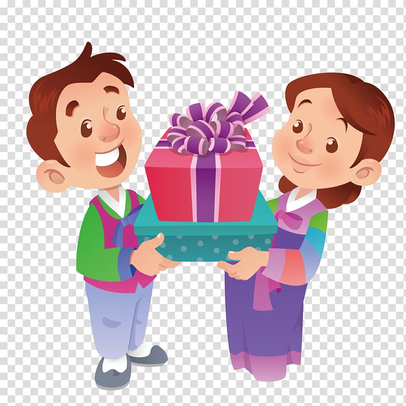 Cartoon Illustration, The child holding the gift box transparent background PNG clipart