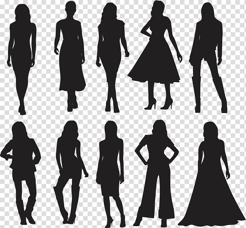ten person wearing dress stencil, Silhouette Model Fashion, Fashion silhouette transparent background PNG clipart