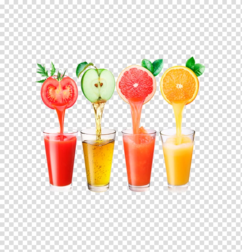 four assorted fruit juices, Apple juice Smoothie Fruit Juicer, Fruit juices transparent background PNG clipart