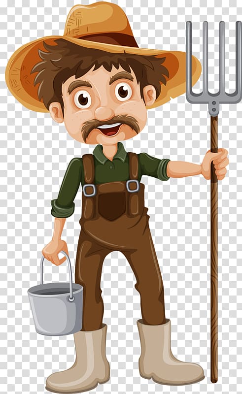 man holding bucket and gardening fork illustration, Drawing , cartoon farmer transparent background PNG clipart
