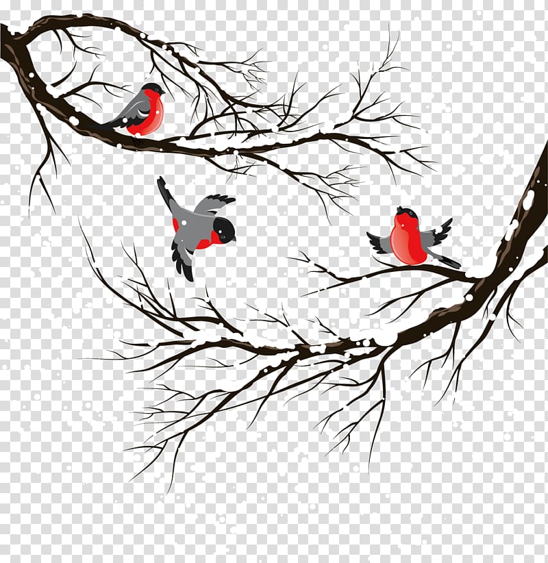 three birds on bare tree illustration, Bird Winter Illustration, Creative winter bird winter trees transparent background PNG clipart