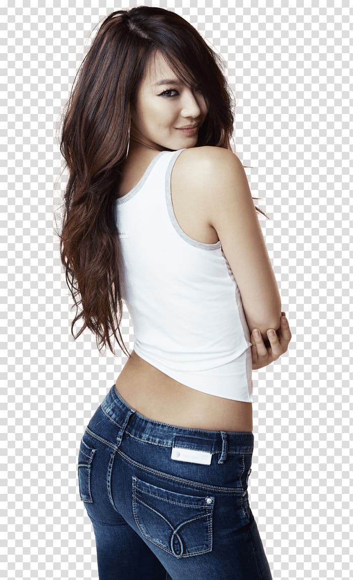 woman in white tank top and blue jeans, Shin Min A transparent background PNG clipart
