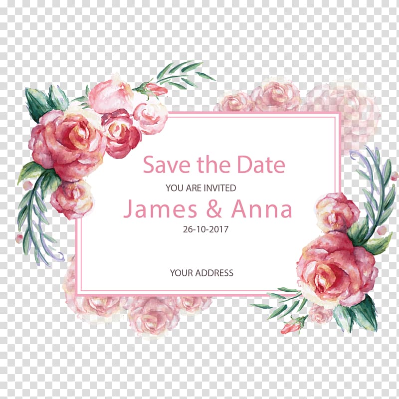 Wedding invitation Paper Postcard Gift, romantic hand-painted border, James & Anna advertisement transparent background PNG clipart