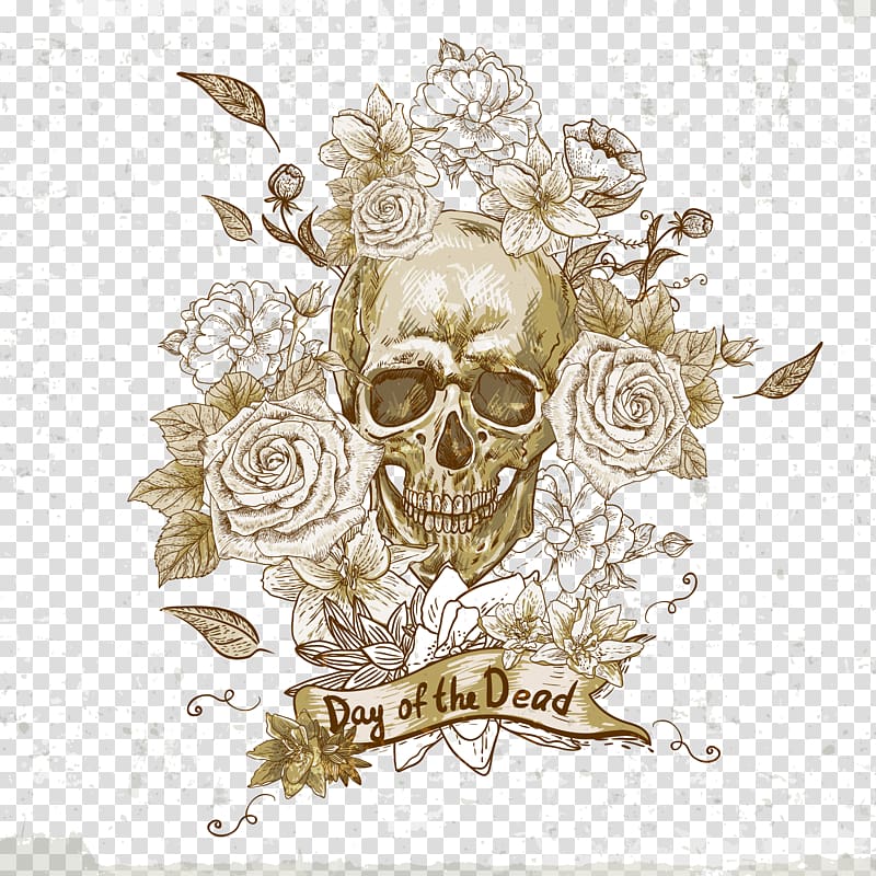 beige skull and flowers illustration, Calavera Human skull symbolism Flower, Hand-painted watercolor style skull illustration transparent background PNG clipart
