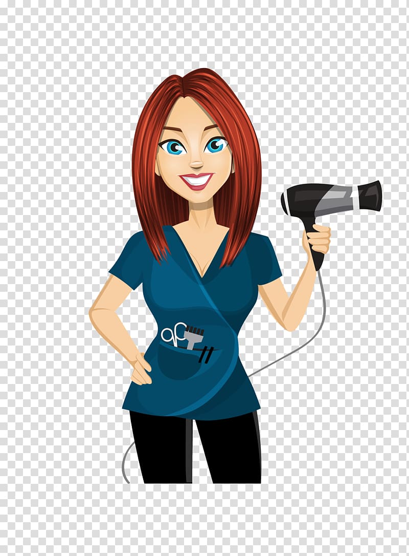 woman holding corded hair dryer illustration, Hairdresser Beauty Parlour Personal stylist , hairdryer transparent background PNG clipart