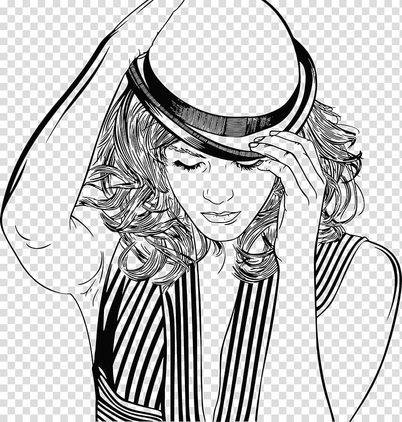 Line art Woman with a Hat Painting, painting transparent background PNG clipart