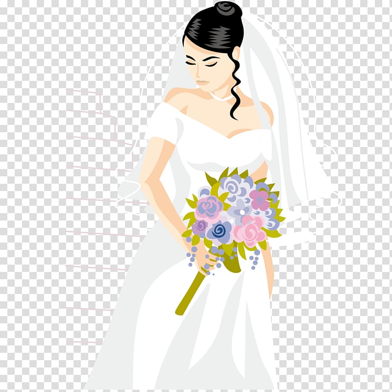 Bridegroom Illustration, bride holding bouquet transparent background PNG clipart