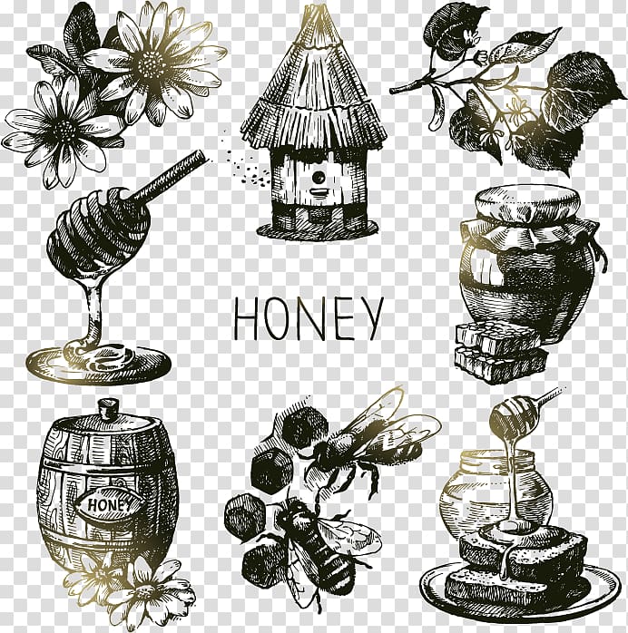 black and gray honey, honey dipper, bee hive, and honey barrel illustrations, Bee Honey Drawing Illustration, Painted bees and honey transparent background PNG clipart