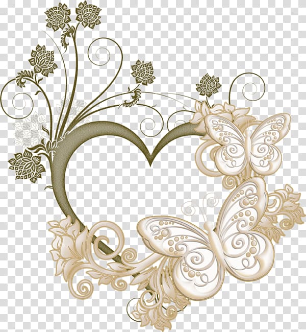Heart frame, Love Butterfly Frame, brown butterfly and flower heart shape illustration transparent background PNG clipart