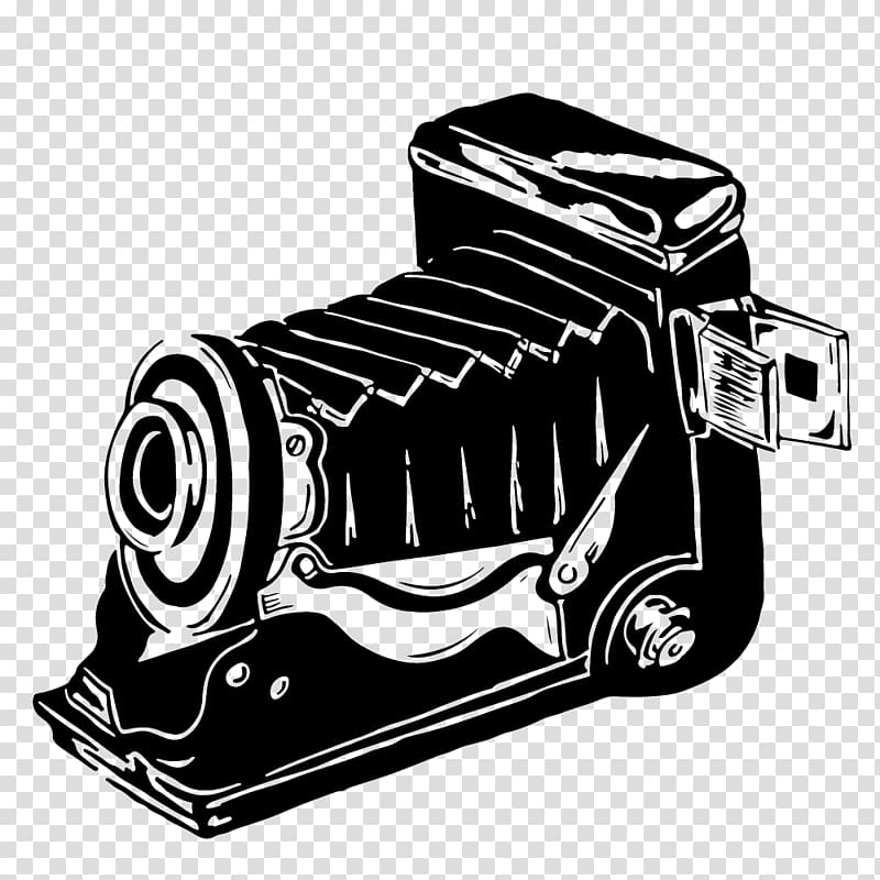 Camera Black and white, Black and white hand-painted vintage camera background transparent background PNG clipart