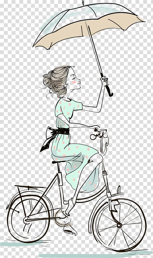 woman bicycle using umbrella artwor k, Cartoon Umbrella Illustration, Umbrellas girl riding a bicycle transparent background PNG clipart