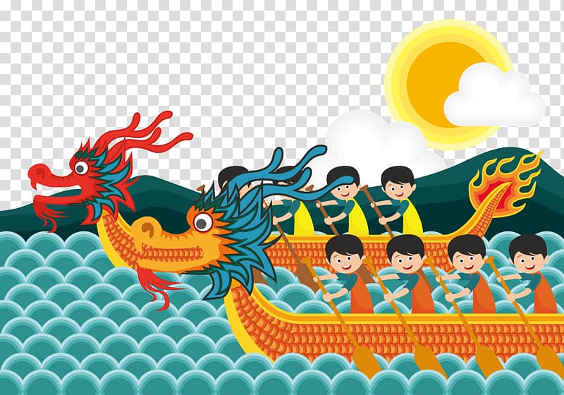 Zongzi Dragon Boat Festival Cartoon Illustration, Young man with a dragon boat transparent background PNG clipart