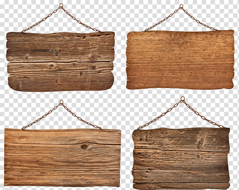 four brown wooden boards, Wood Sign Plank , Wood tag transparent background PNG clipart