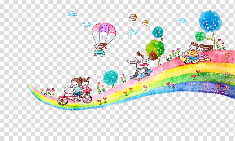 children playing on rainbow illustration, Cartoon Poster Illustration, Children painted illustration transparent background PNG clipart