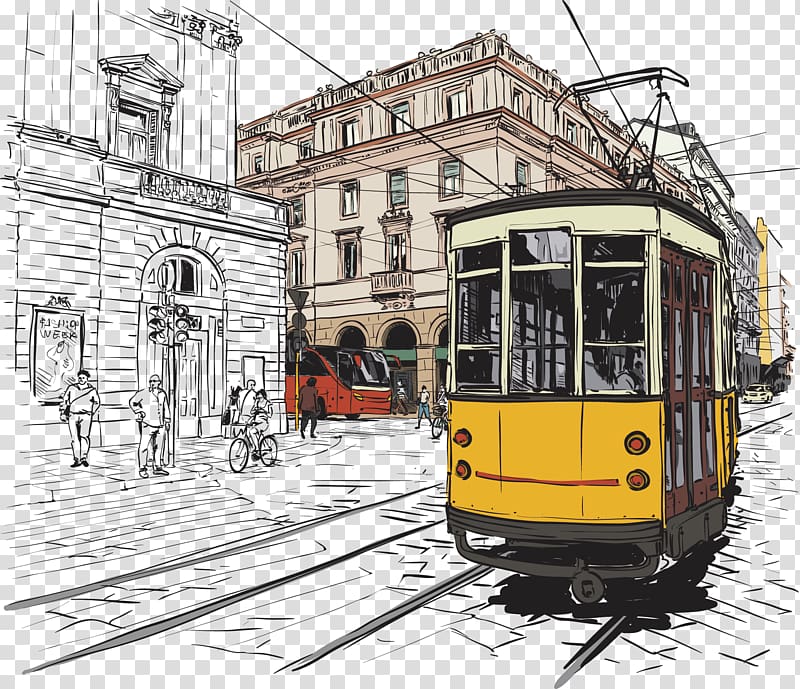 white and yellow train illustration, Trams in Lisbon Fashion Illustration, Animation tram transparent background PNG clipart