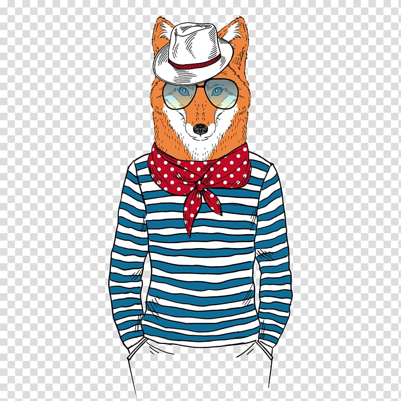 fox wearing eyeglasses and scarf animated illustration, Hand-painted animals transparent background PNG clipart