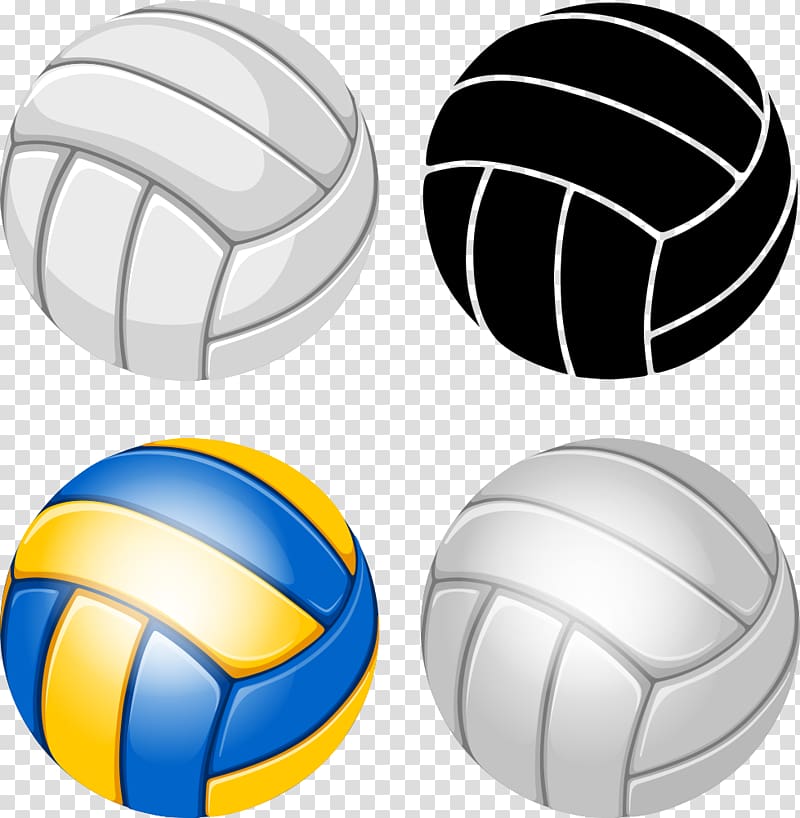 four white, black, and yellow volleyballs, Volleyball Illustration, volleyball transparent background PNG clipart
