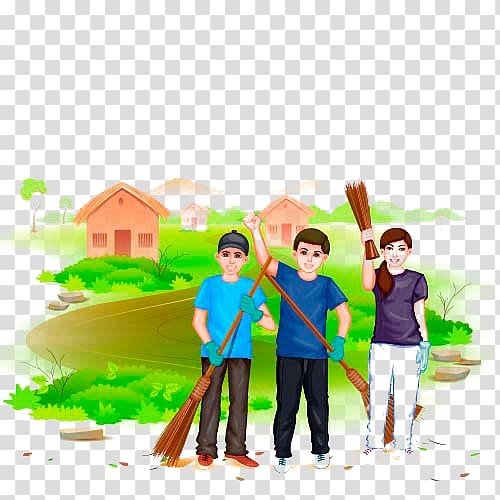 three boy holding sweeps graphic, India Swachh Bharat Abhiyan , Cartoon man transparent background PNG clipart