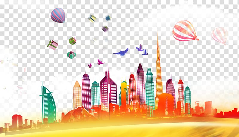 multicolored buildings, hot air balloons, and white clouds art, Dubai Abu Dhabi Skyline Illustration, city ​​building transparent background PNG clipart