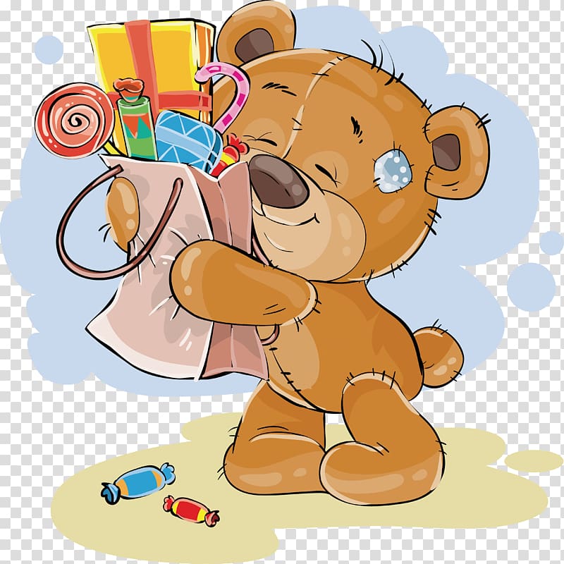 brown bear hugging bag full of gifts illustration, Bear illustration Illustration, Smiling bear transparent background PNG clipart