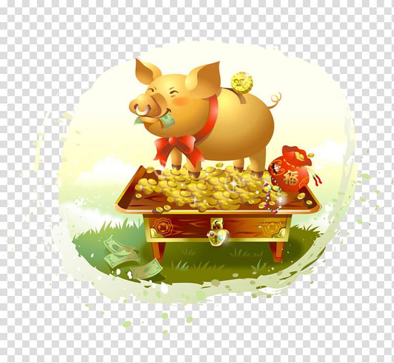 Icon, Golden Pig piggy bank cartoon coins Caiyuanguangjin transparent background PNG clipart