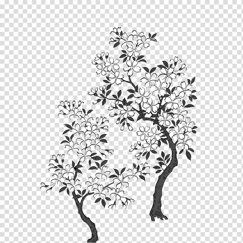 Black and white Cherry blossom, Black and white hand-painted cherry trees buckle free material transparent background PNG clipart