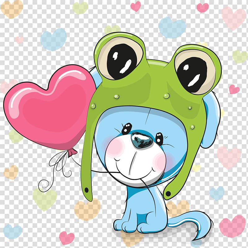 dog with green frog hat and heart-shape balloon illustration, Frog Cartoon Cuteness Illustration, Puppy with hat frog transparent background PNG clipart