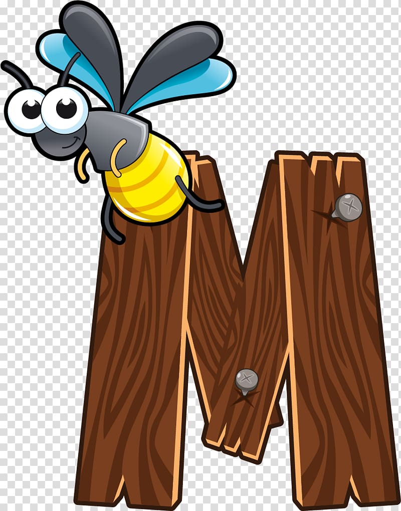 bee beside wood carved m letter decor, Letter M English alphabet, Cartoon wood animal letter M transparent background PNG clipart