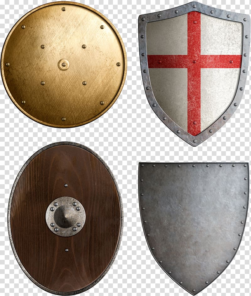 four shields , Shield Sword Escutcheon , Shields Weapons transparent background PNG clipart