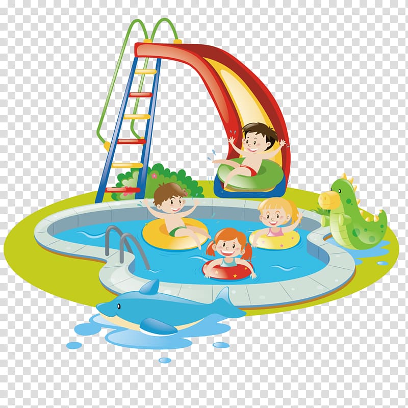 toddlers playing on pool with slide illustration, Child Euclidean Playground Park Swimming pool, swimming pool transparent background PNG clipart