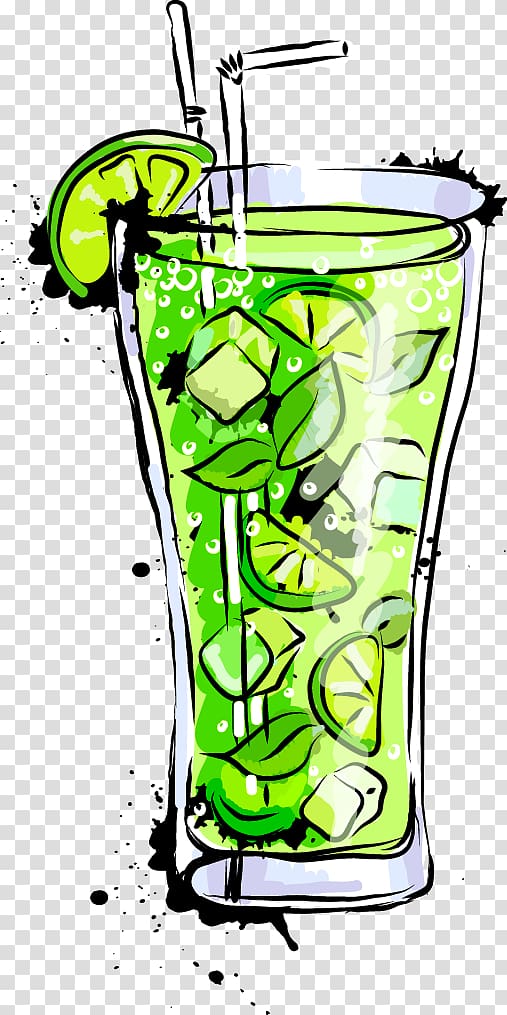 green lime juice with star illustration, Cocktail Mojito Negroni Martini, cartoon cocktail drink green transparent background PNG clipart